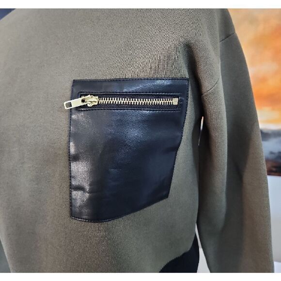 Aleeza Paris Moss Green Sweater with Black Leather Pocket Size S NWT - Picture 2 of 7
